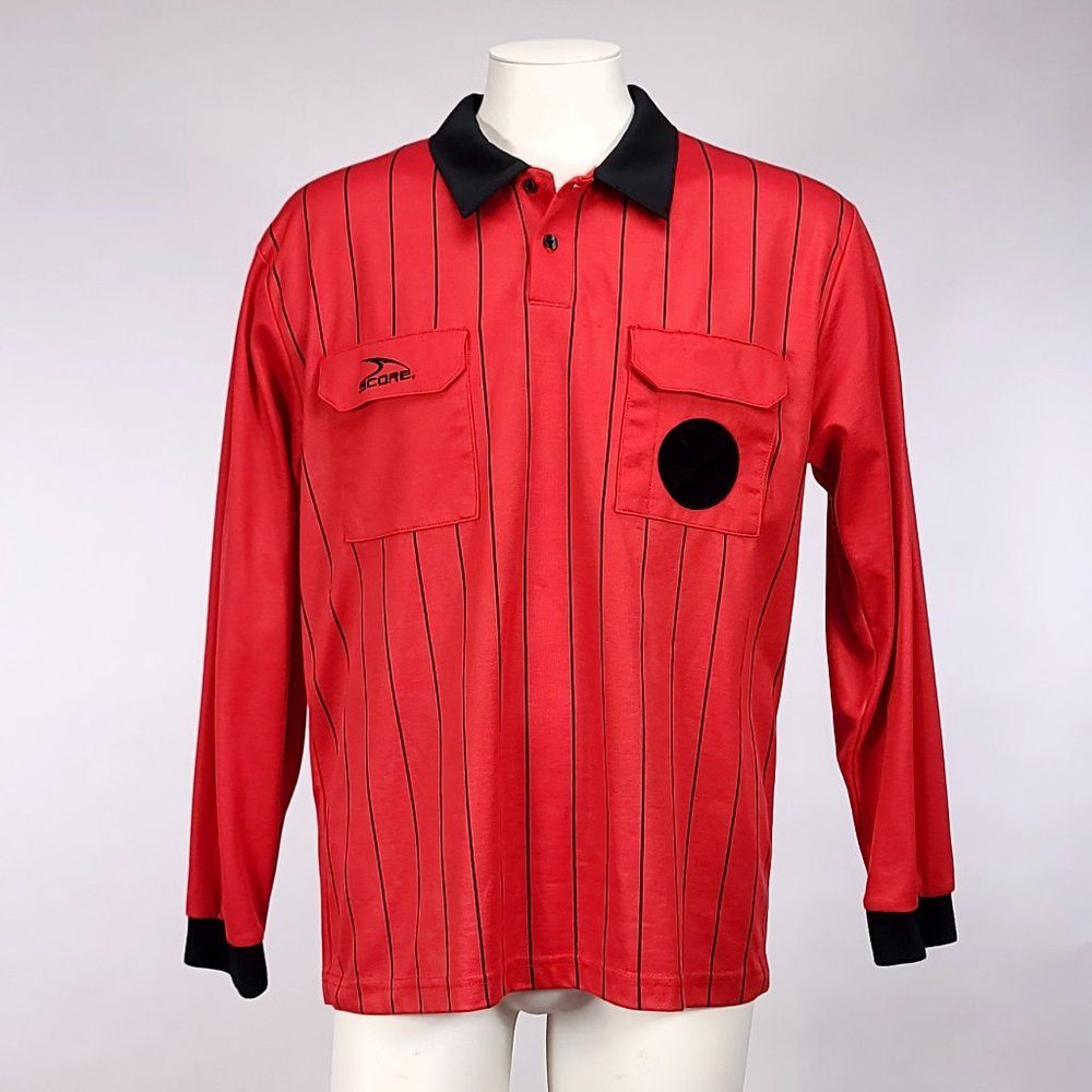 Score Mens Referee Shirt Red Black Pinstripe Long‎ Sleeve Jersey Size L